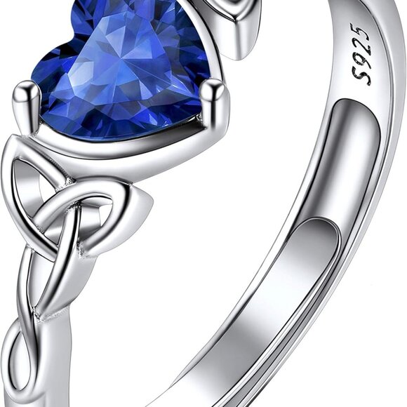 925 Sterling Silver Good Luck Celtic Twisted Knot/Claddagh Heart Birthstone Ring - Picture 1 of 7